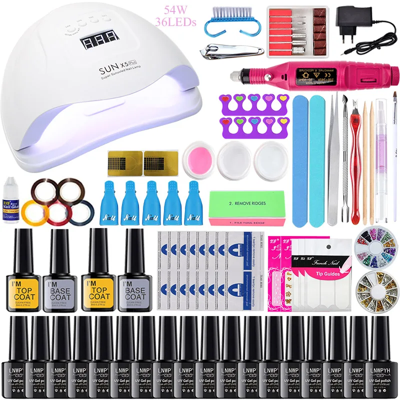 54W choose 18 color 80 Вт УФ лампа для ногтей, набор для маникюра Комплект 18/12/8 расцветок гель Лаки комплект Фрезер для ногтей, сверлильный станок комплект пилочка для ногтей инструмент набор для наращивания ногтей - Цвет: 54W choose 18 color