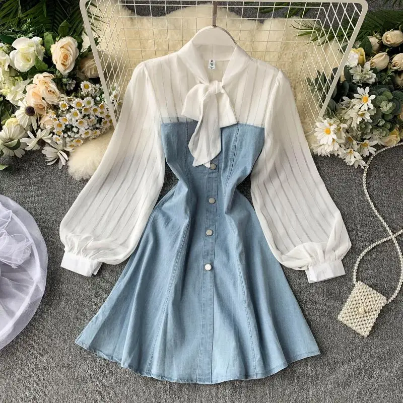 Женское шифоновое джинсовое платье короткое платье-блуза с длинным рукавом