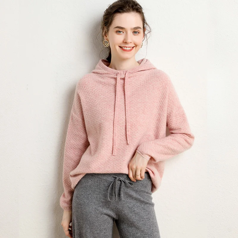

SHZQ Autumn and Winter New Fashion Cashmere Hooded Sweater Women's Jacket Pure Cashmere