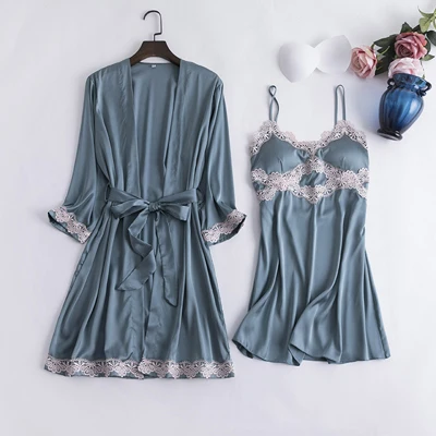 water blue set Fiklyc нижнее белье женский сексуальный халат с длинными рукавами+ подтяжки ночная рубашка из двух частей женские Соблазнительные ночнушки атласные и кружевные - Цвет: water blue set