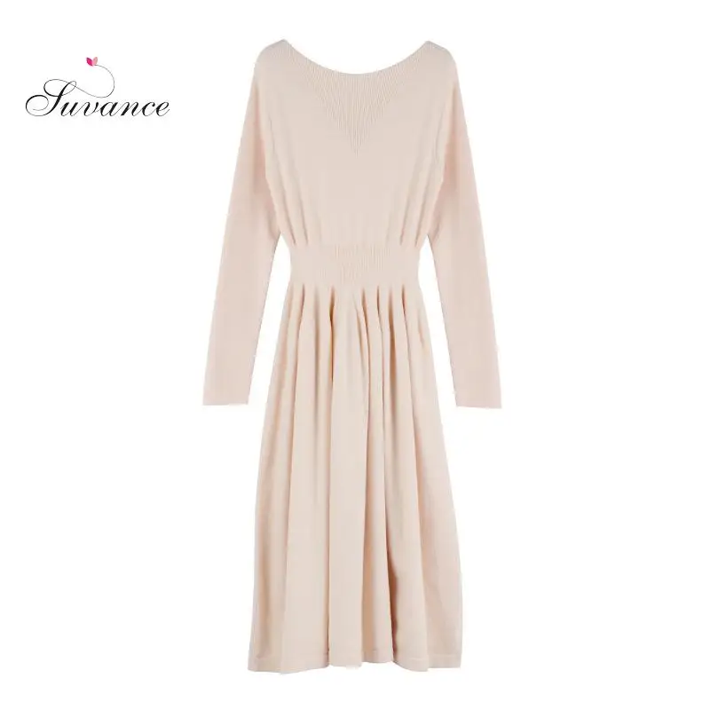 Осень-зима 2019 офисное женское трикотажное длинное платье с круглым вырезом 4