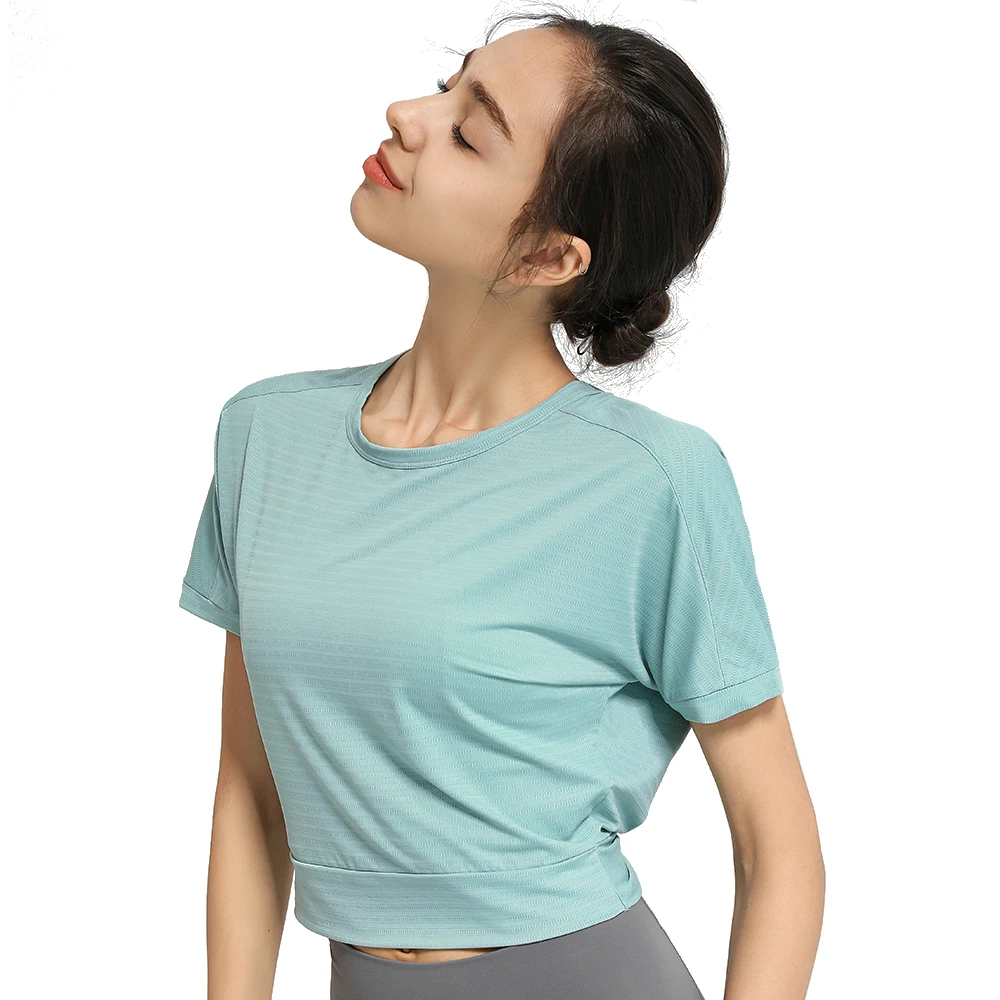 Yoga Shirts Woman Sport Blouse Nylon Breathable Solid Loose Tie a knot Gym Jogging Yoga Workout Short  Blouse Sleeve T-Shirt
