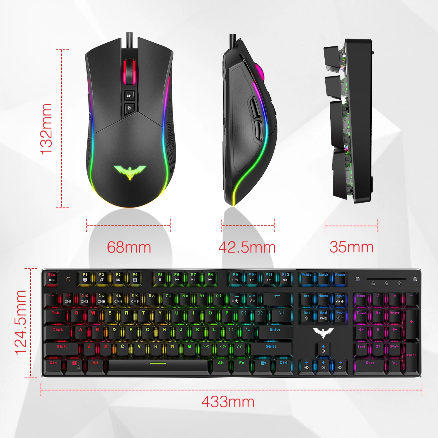 

Havit Gaming Mechanical Keyboard and Mouse Combo 4800DPI 7 Button Mouse Wired Blue Switch 104 Keys Rainbow Backlit Keyboards