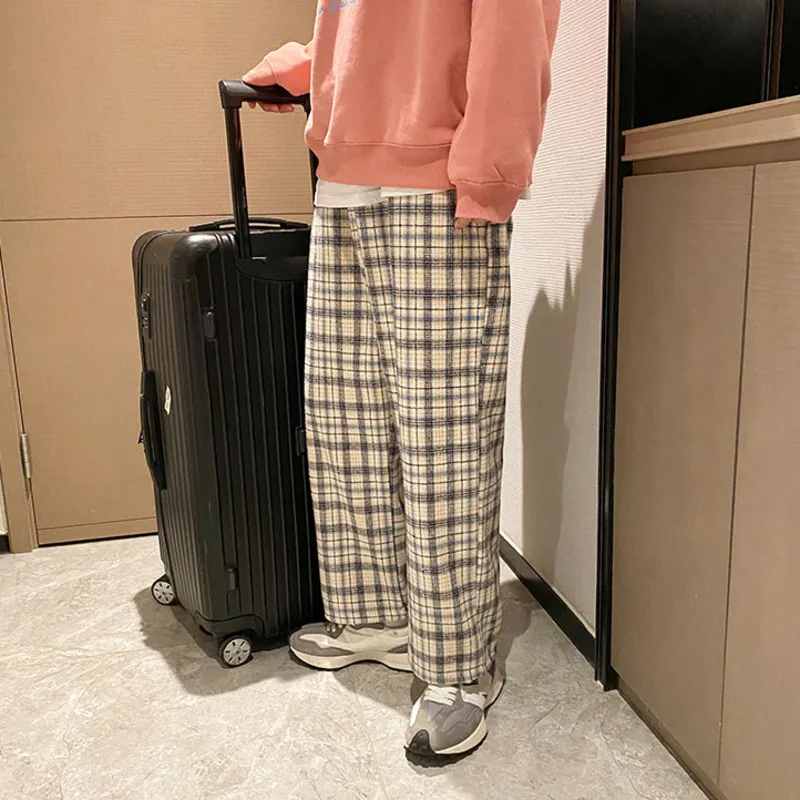 

Cotton Plaid Pants Men's Fashion Retro Casual Pants Men Streetwear Korean Loose Hip-hop Straight Wide Leg Pants Mens Trousers