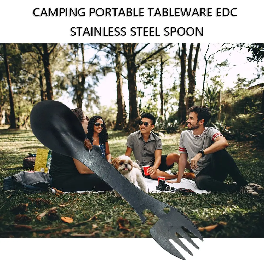 

5 In 1 Multi-Functional Outdoor Tools Stainless Steel Camping Survival Edc Kit Convenient Fork Knife Spoon Bottle / Opener