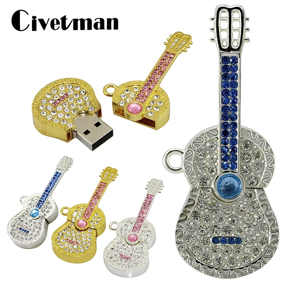 

Metal Crystal Guitar 128GB USB Flash Drive 8GB 16GB 32GB 64GB Pen Drive 256GB Pendrive Gold Silver Diamond Violin Memory Stick