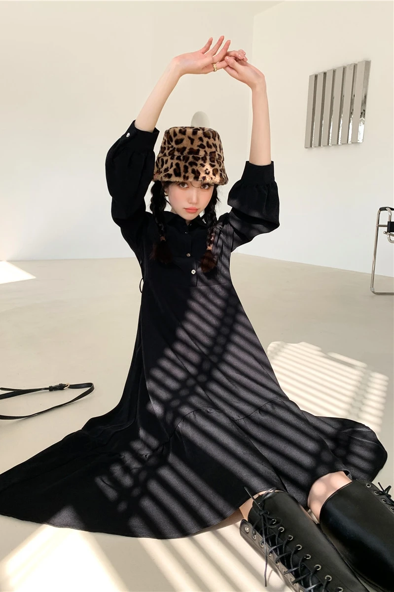 

COIGARSAM Office Lady Full Sleeve Women dress New Spring Solid Single Breasted High Waist Dresses Black 3671
