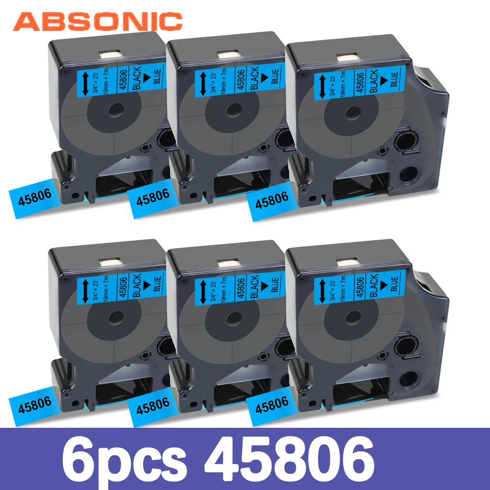 

Absonic 6PK 45806 совместимый с Dymo D1 19 мм лента для маркировки черный на голубом для DYMO чайник LabelManager LabelWriter 400 450 Duo принтер