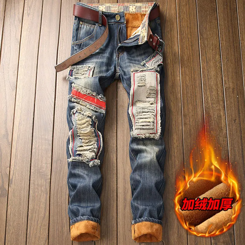 Модные рваные джинсы мужские зимние теплые брюки-карго прямые джинсовые брюки с