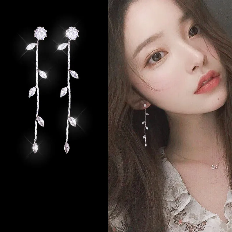 

Women Clip On Crystal Earrings Leaf Long Dangle Non Piercing Clip-On Earring Clips With Crystal Ear Drop Earing Jewerly