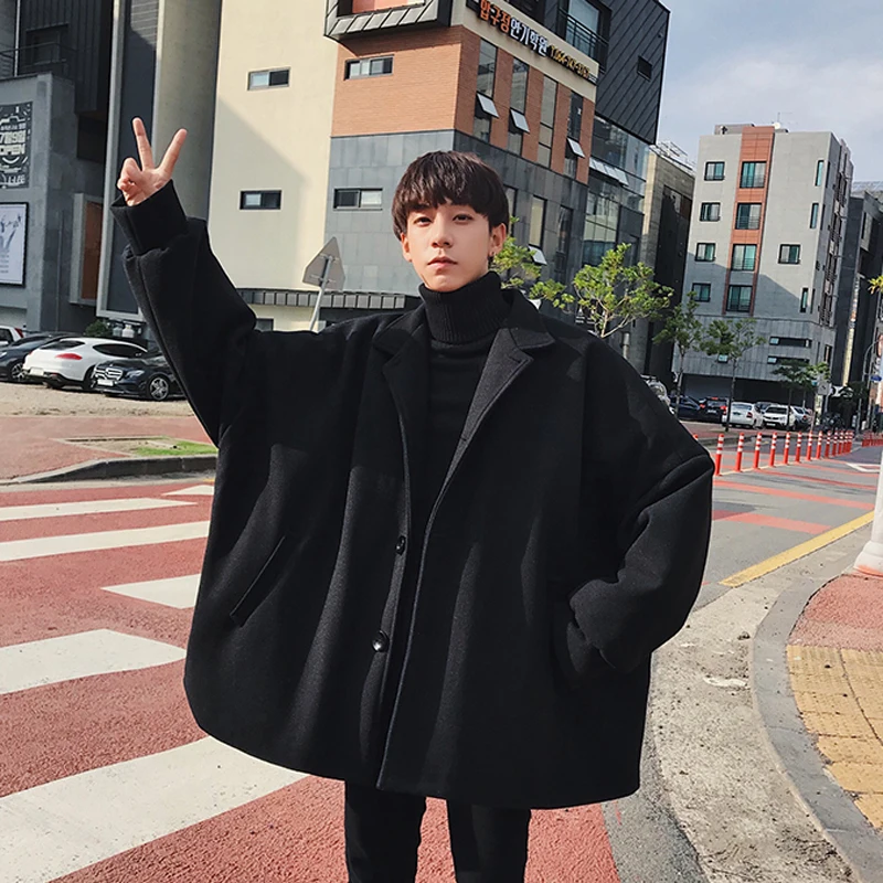2019 Winter Woolen Coat Men Loose Wild Korean Fashion Windbreaker Men's Overcoat Long Wool Black / Khaki/ Blue M-XXL | Мужская