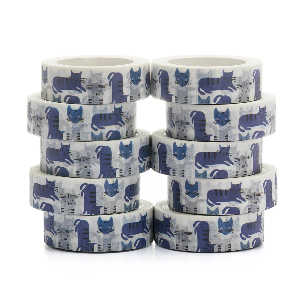 

NEW 10pcs/Lot 15mm x 10m Funny Cats Seamless with Colorful Hand Drawn Cartoon Washi Tape Scrapbook Masking Adhesive Washi Tape