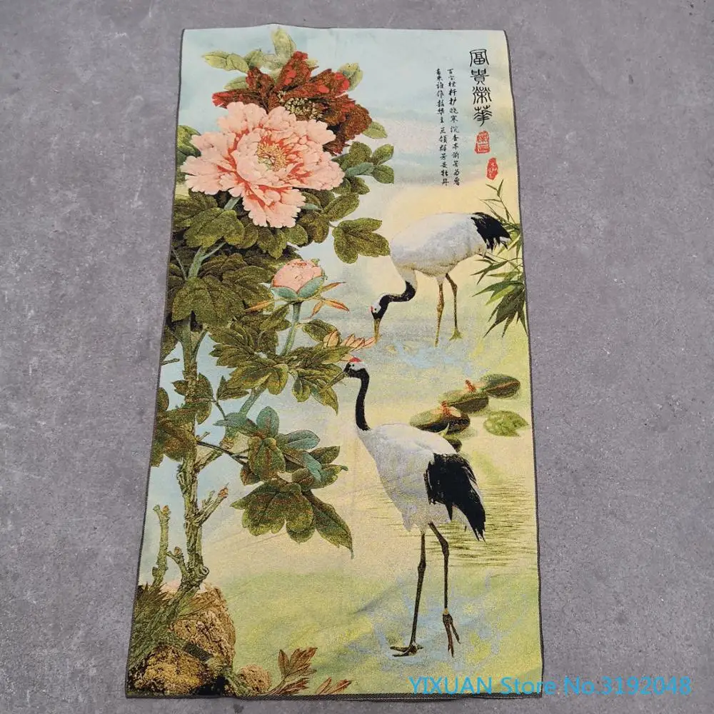 Fugui ronghua журавль пион шелковая тангка парча картина Золотая шелковая ткань ткачество вышивка шелковая вышивка антикварные поделки