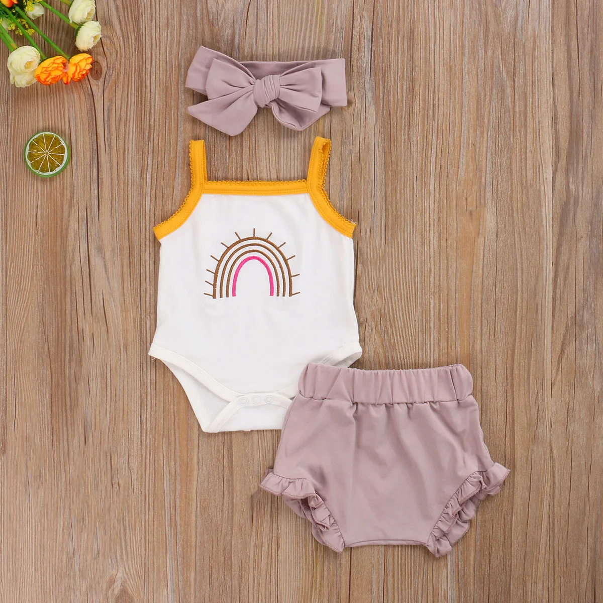 

2021 New Baby Girls Clothes Rainbow Romper Top Jumpsuit Shorts Pants Headband 3pcs Outfits Set
