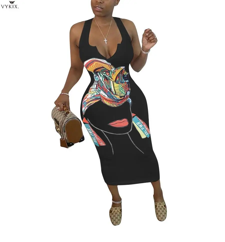 

2020 Korean Women Cartoon Print V-neck Sleeveless Tank Bodycon Midi Dress Sexy Party Club Bandage Mid-calf Length Pencil Dresses