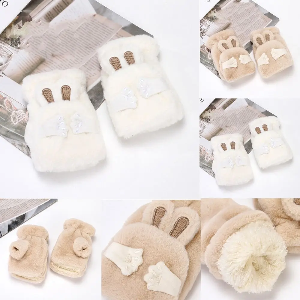 

Soft Gloves Fuzzy Cute Rabbit Warm Winter Flip Fingerless Mittens Thicken Plush Mittens Half Finger Gloves