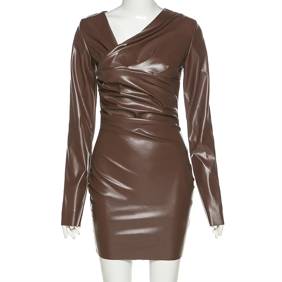 

Women Autumn and Winter Elegant Casual Street Women Bodycon Dress Retro Faux Leather Stacking Design Fashion Mini Dress