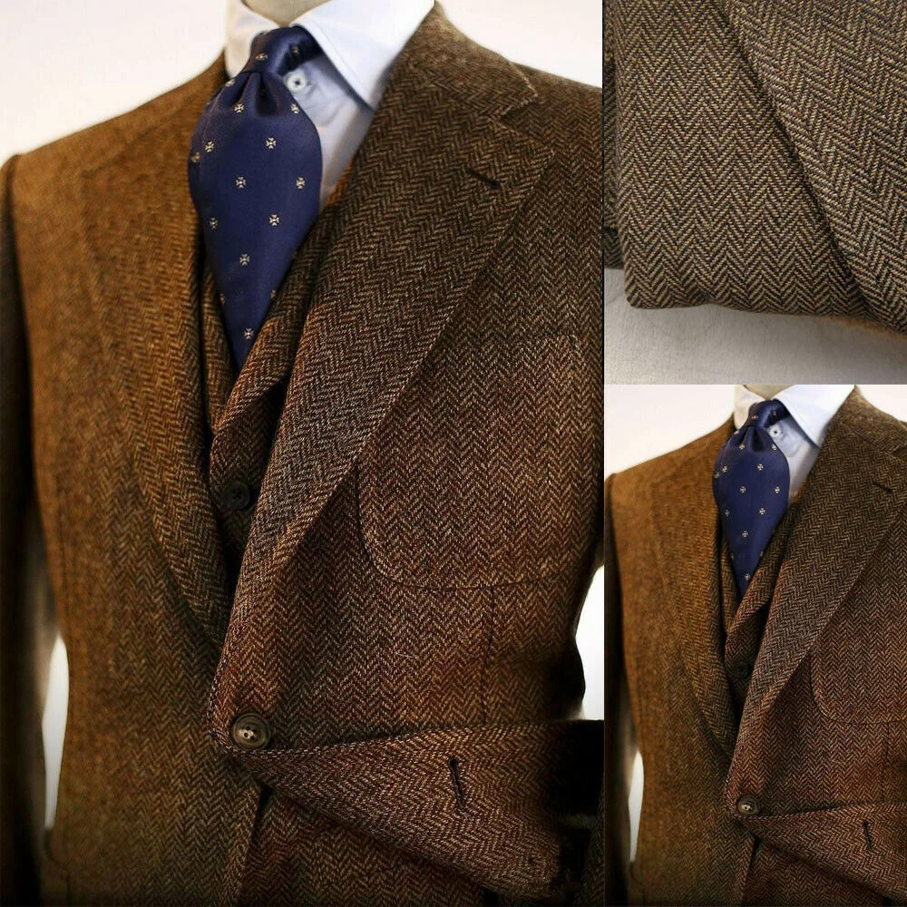 

Brown Wool Blend Herringbone Men Suits For Wedding Blazers Business Groom Tuxedo Tweed Slim Fit Groom Wear Jacket & Vest & Pants