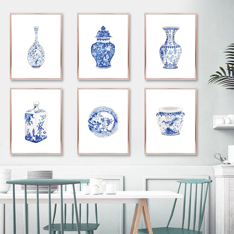 

Watercolor Chinese Style Porcelain Blue and White Porcelain Vase Canvas Painting Oriental Art Poster Elegant Home Decor Wall Art