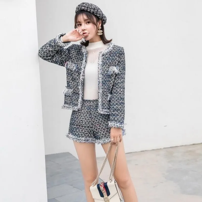 Brand New Women 2pcs Set Tweed Jacket Pearls Office Ladies Slim Fit Twill Outfits Suit Hot Shorts Tassels Business Work Suits | Женская