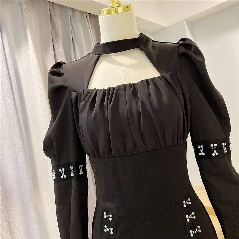 

Korea 2021 Spring New Arrival Women O-neck Metal Button Long Sleeve Hollow Out Spliced Ruched Party Dress Elegant Mini Dress