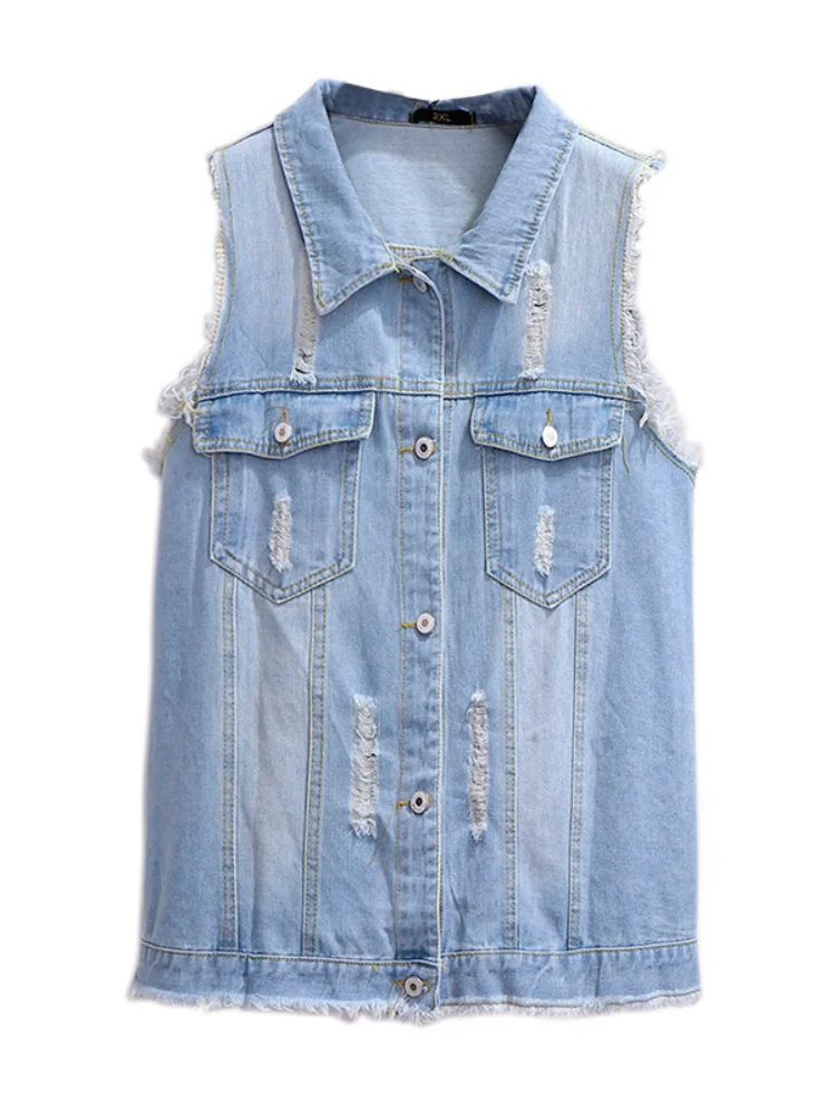 

Plus Size Ripped Denim Jacket Vest Burr Sleeveless Single Breasted Turn Down Collar Pockets Coat DM