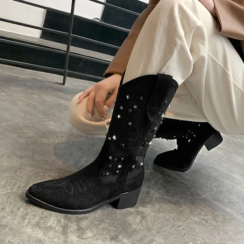 

Casual Women Mid-Calf Boots Fashion Cool Rivets Embroider Pointed Toe Western Boots High Heels Autumn Winter Shoes Woman
