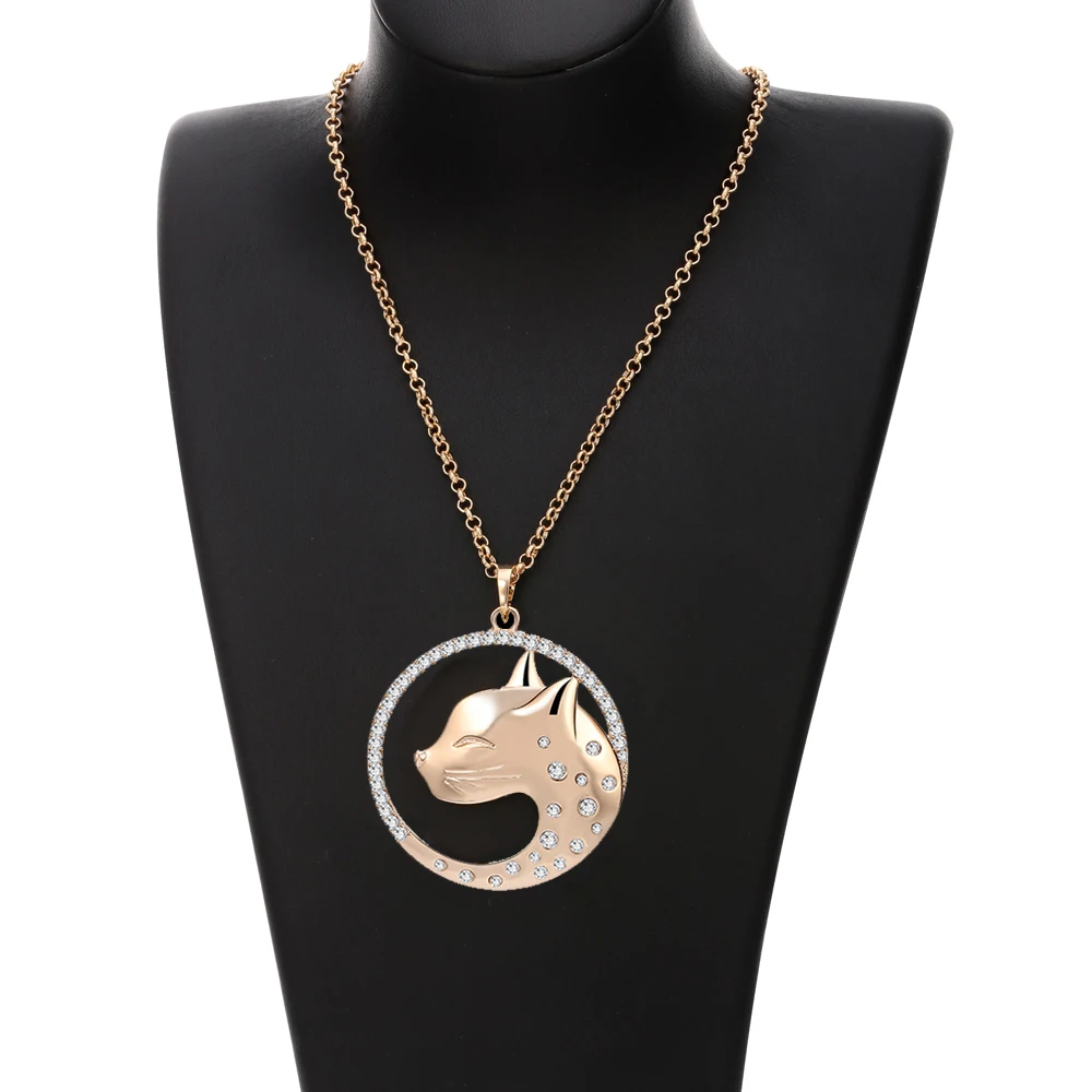 Женское ожерелье с подвеской в виде головы кошки длинное серебряным покрытием