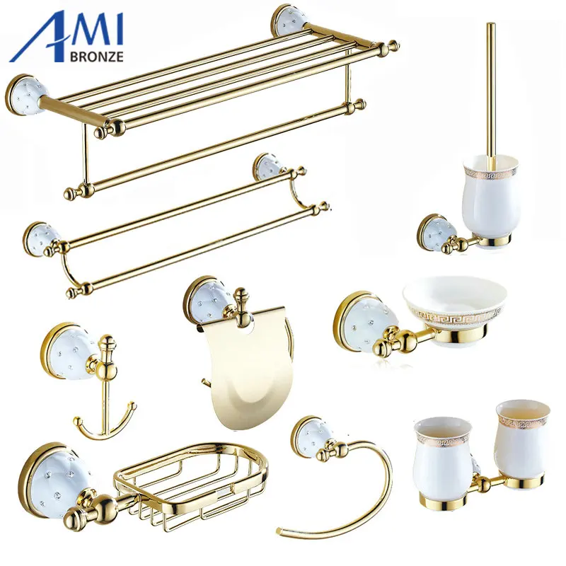 

63GD Series Golden Polish Brass & Diamond Wall Mounted Bathroom Accessories Sets Towel Rack Towel Shelf Hook Paper Holder