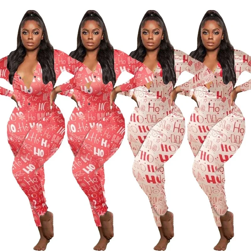 

Christmas Onesies Pajama Casual Print Long Sleeve Bodycon Rompers One Piece Outfit Jumpsuits Sleepwear Home Wear Women Overall