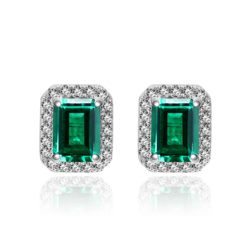 

100% 925 Silver Inlaid Cultivated Emerald Retro Rectangular Car Flat 6*8 Female Earrings Ladie Engagement Gift Exquisite Jewelry