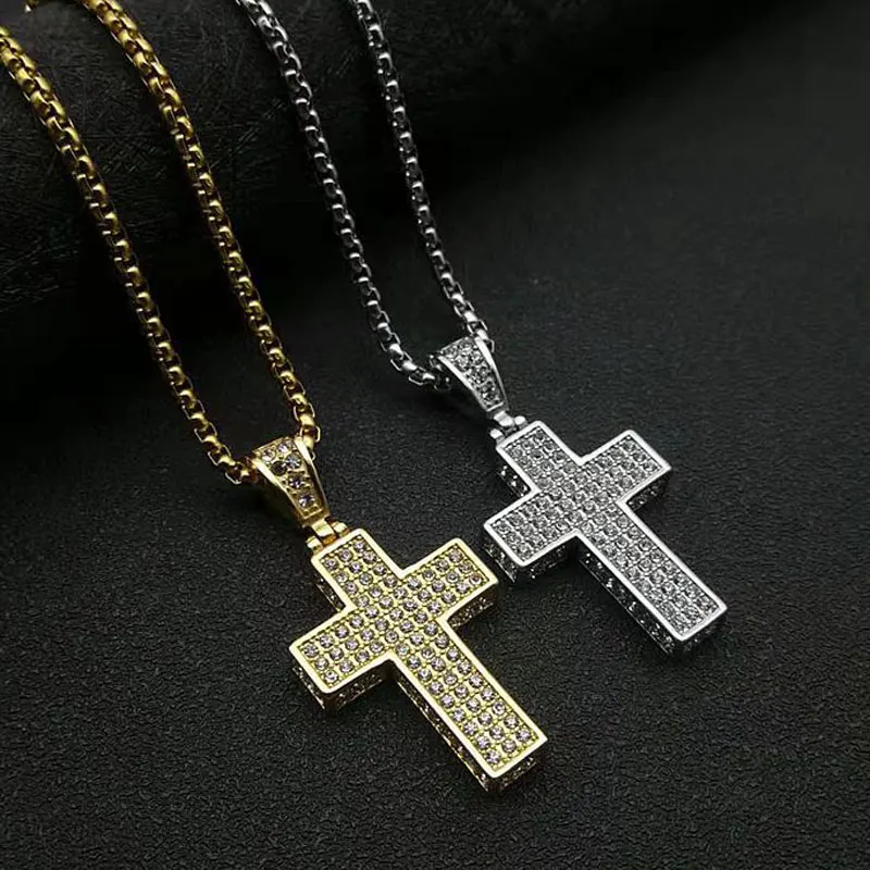 

Stainless Steel Gold Silver Plated Hip Hop Full Crystal Cross Pendant Necklaces For Men Women Party Club Jewelry