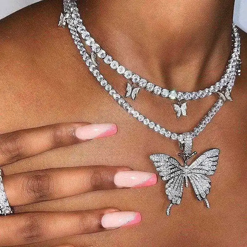 

Dvacaman Trendy Bling Gold Silver Pink Diamond Crystal Rhinestone Tennis Chain Butterfly Pendant Necklace Set Women Jewelry 2020