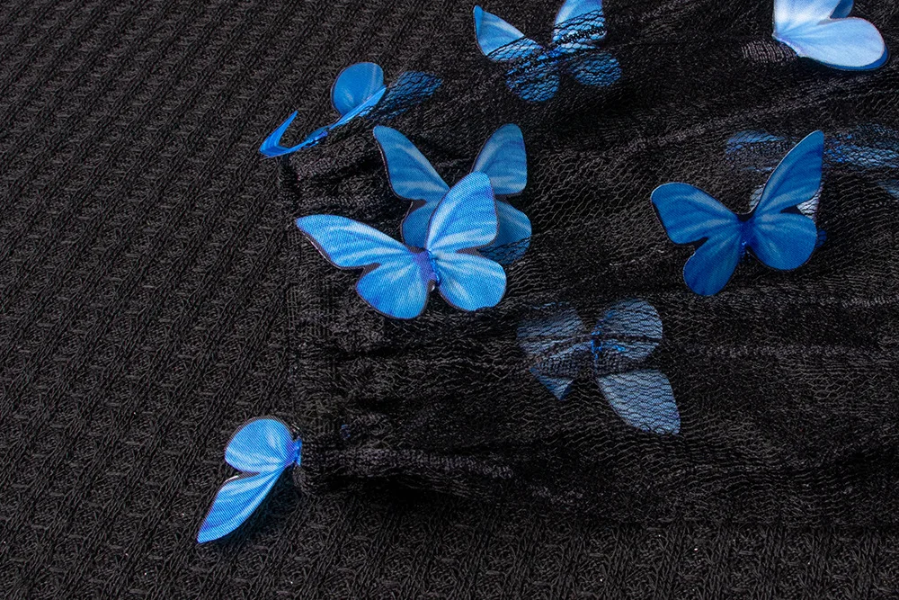 

New Stitching Butterfly Mesh Lantern Sleeve Knitted Pullover Tops Loose black casual top 2020 autumn winter Street Fashion Tops