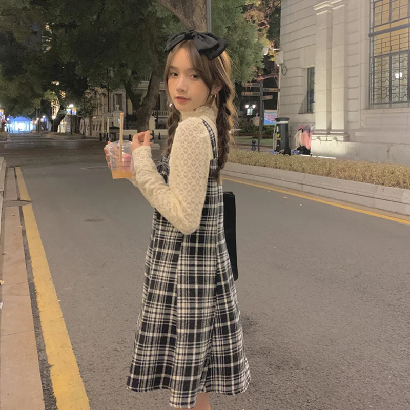 

Korean Style Sweet lolita dress Lace Stitching Plaid Fake Two-Piece Temperament Long Sleeve Dress Women's Autumn and Winter