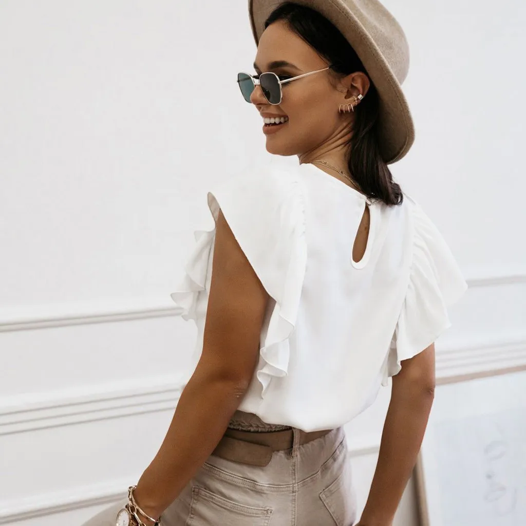 Женская блузка с рюшами # H25 летняя Однотонная рубашка круглым вырезом и рукавами