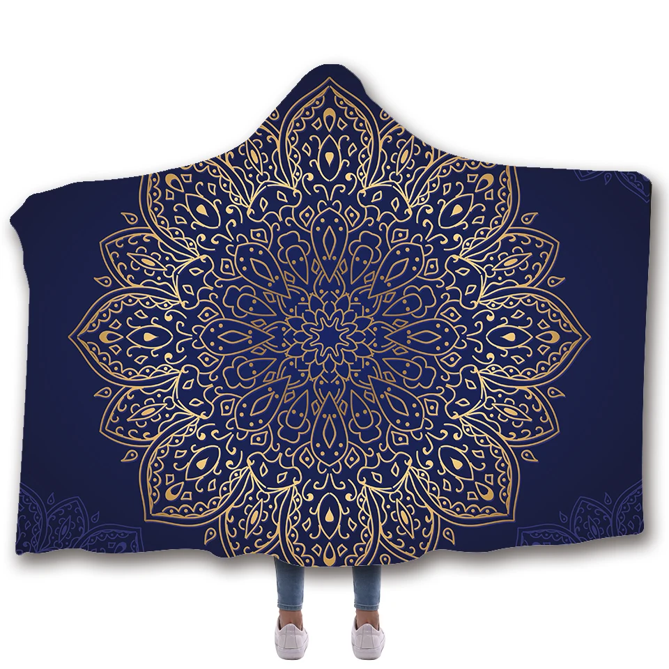 Одеяло с капюшоном и принтом мандалы для взрослых детей шерсть зимний теплый