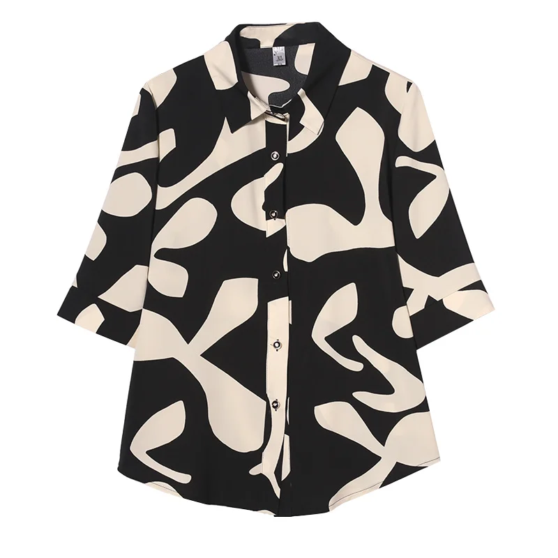 

Houthion Silk Satin Slim Women Blouses Fashion Short Sleeve Top New Casual Blouse Ink Printing Buttons Polo Shirt Spring/autumn