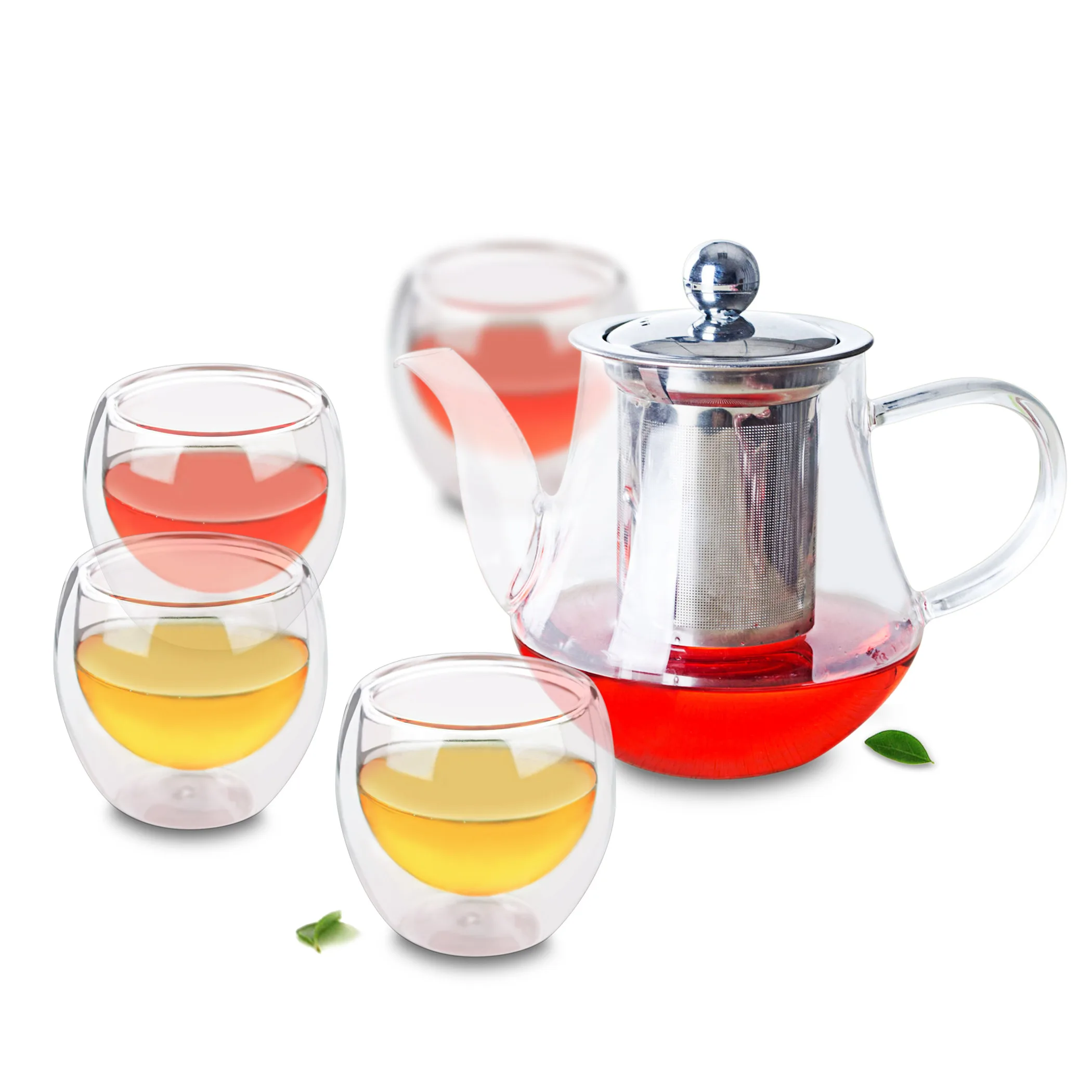 

1x Tea Set -565ml Heat Resistant Glass JX Teapot w/Stainless steel Infuser & Lid+4x 80ml Double Wall Cups