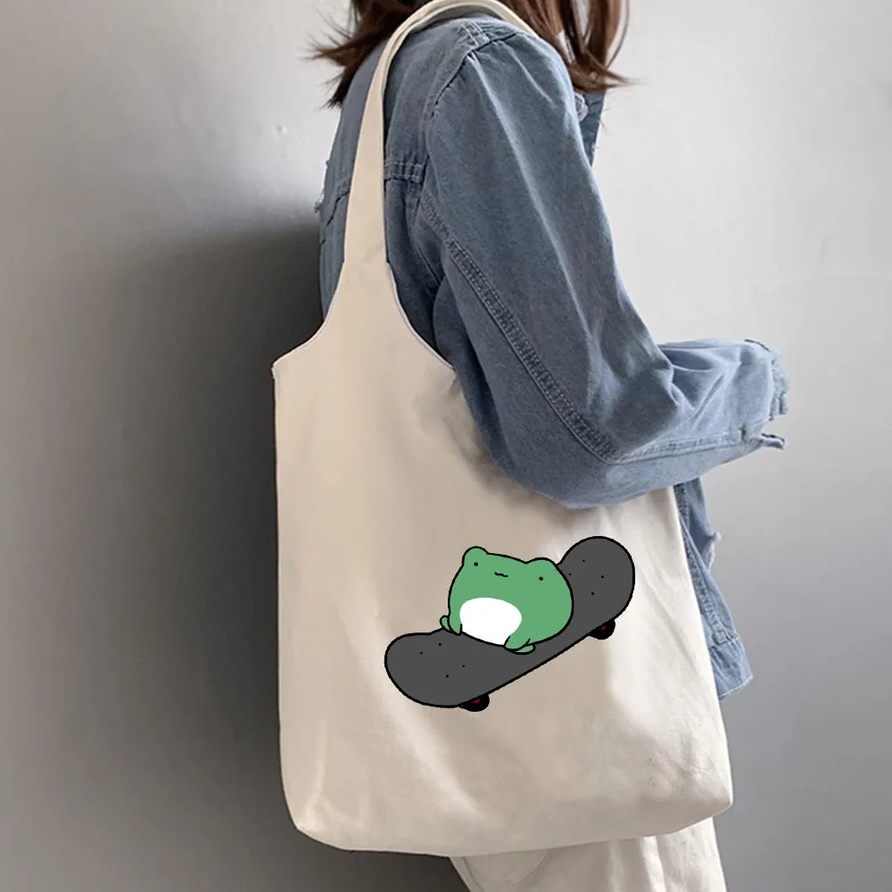 

Cute Frog Graphic Print Canvas Bag Female Shoulder Bag Vintage Fashion Eco Tote Shopping Bags for Women Harajuku Bags