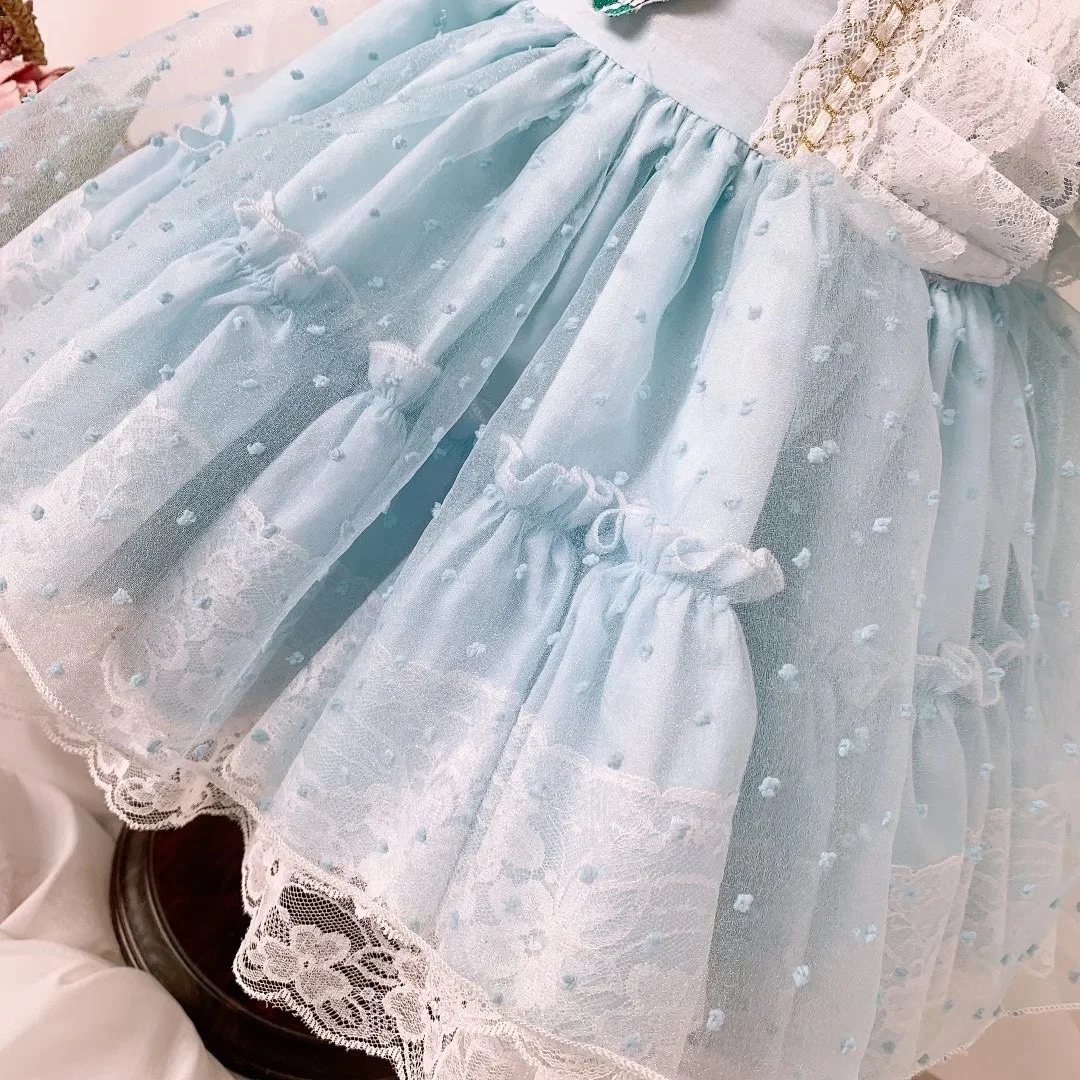 

Baby Girl Summer Blue Cat Embroidery Lace Vintage Turkish Spanish Lolita Ball Gown Princess Dress for Eid Easter Birthday Party