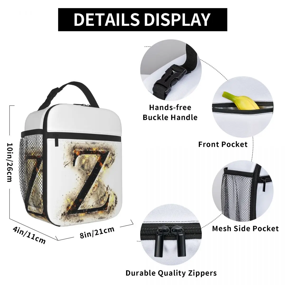 

Burned Alphabet Letter Z Lunch Bag for Women Men Large Insulated Lunch Box with Water Bottle Holder and Pockets