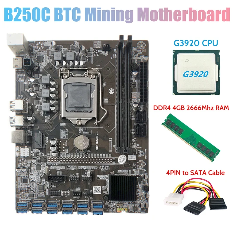 

Материнская плата B250C BTC Miner с ЦП G3920 или G3930 + DDR4 4 Гб 2666 МГц ОЗУ + 4-контактный кабель SATA 12XPCIE на USB3.0 слот для карты LGA1151