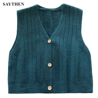 saythen solid color v neck single breasted knitted cardigan vest womens winter new style literary style outer vest vest