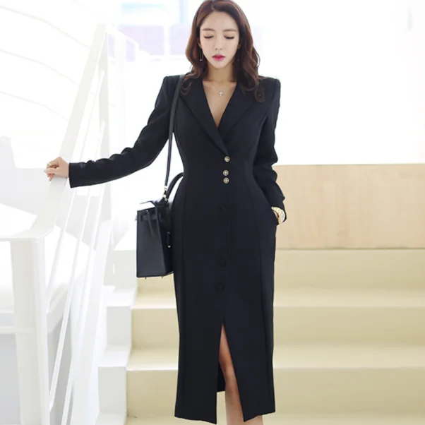 Деловое 2020 облегающее женское платье Осеннее Формальное черное однобортное для