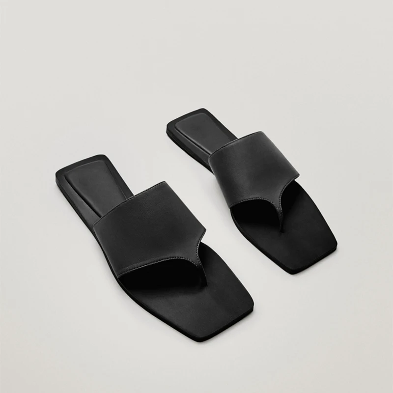 

2021 Summer England Style Fashion New Cowhide Leather Flip Flops Outside Flat Slippers Women Shoes Retro Slides Shoes Women