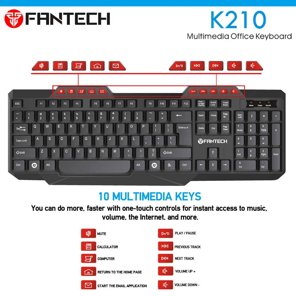 Fantech K210 многофункциональная клавиатура 114 ключей английская проводная USB Keybord для ежедневного использования офисный Keybord
