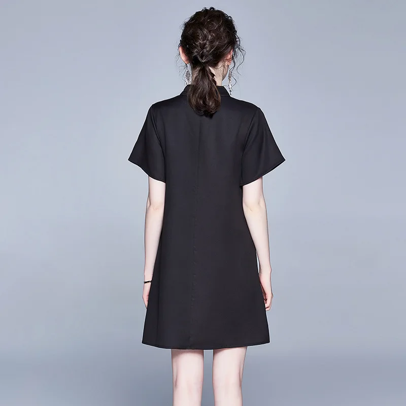 

Mock Summer Fashion Neck Vintage Pan Buckle Elegant Loose Short Sleeve Black Print Oil Painting Dress Improved Cheongsam