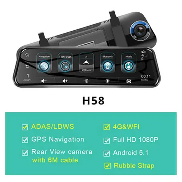 H58 Android DVR 1" Сенсорное зеркало заднего вида с камерой заднего вида 15 м 4G видеокамера на ОС андроид для автомобиля специальные два видеорегистратора ADAS Wi-Fi gps регистратор Bluetooth - Название цвета: H58 Android DVR