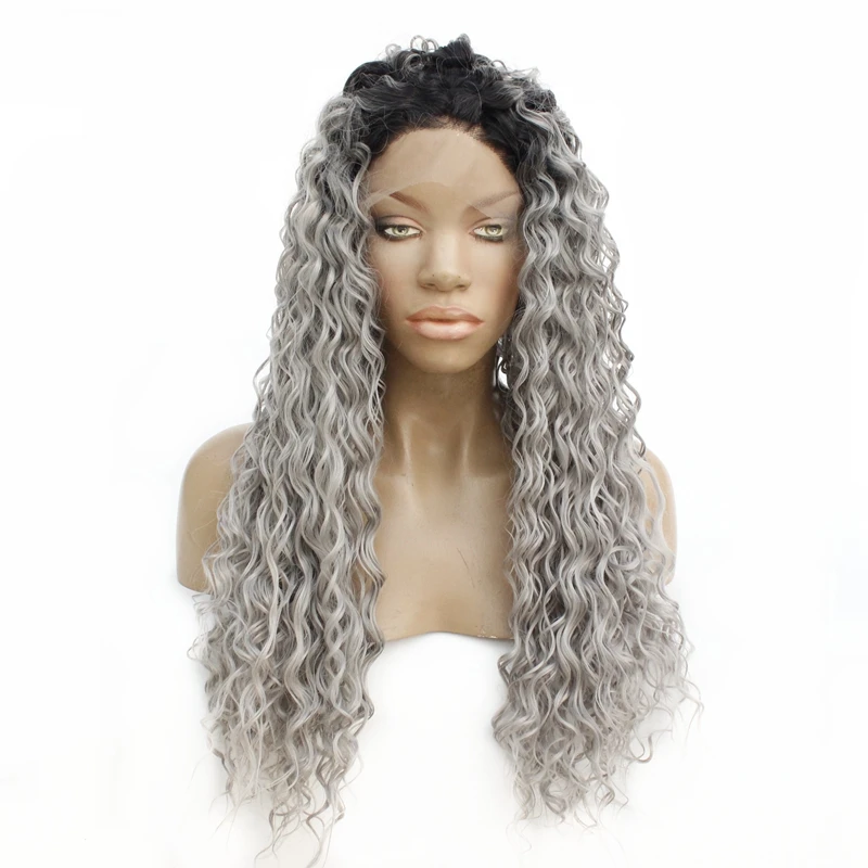 

Lace Front Wig Long Kinky Curly Synthetic Lace Front Wigs Heat Resistant Ombre Gray Free Part Replacement Wigs For Black Women